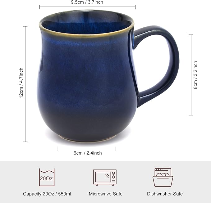 20 Oz Large Ceramic Coffee Mugs, 600ml Big Handle Handmade Pottery Tea Cup for Office and Home, Easy to Hold, Microwave and Dishwasher Safe, Hot Cold Drinking, Stylish Texture Glaze (Starry Blue)