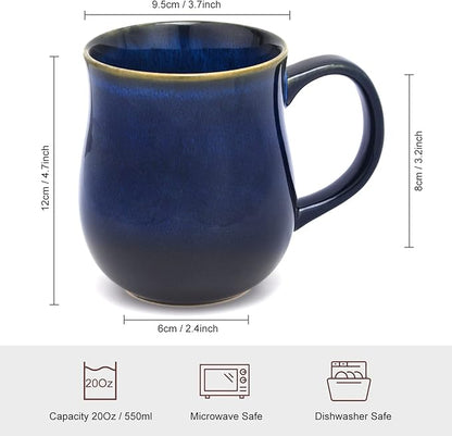 20 Oz Large Ceramic Coffee Mugs, 600ml Big Handle Handmade Pottery Tea Cup for Office and Home, Easy to Hold, Microwave and Dishwasher Safe, Hot Cold Drinking, Stylish Texture Glaze (Starry Blue)