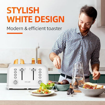 White Toaster 4 Slice, Dual Independent Controls, Extra Wide Slot Toasters for Bagel, Bread, Waffles, 7 Shade Settings, 4 Main Functions, Removable Crumb Tray, 1500 Watts, White Stainless Steel
