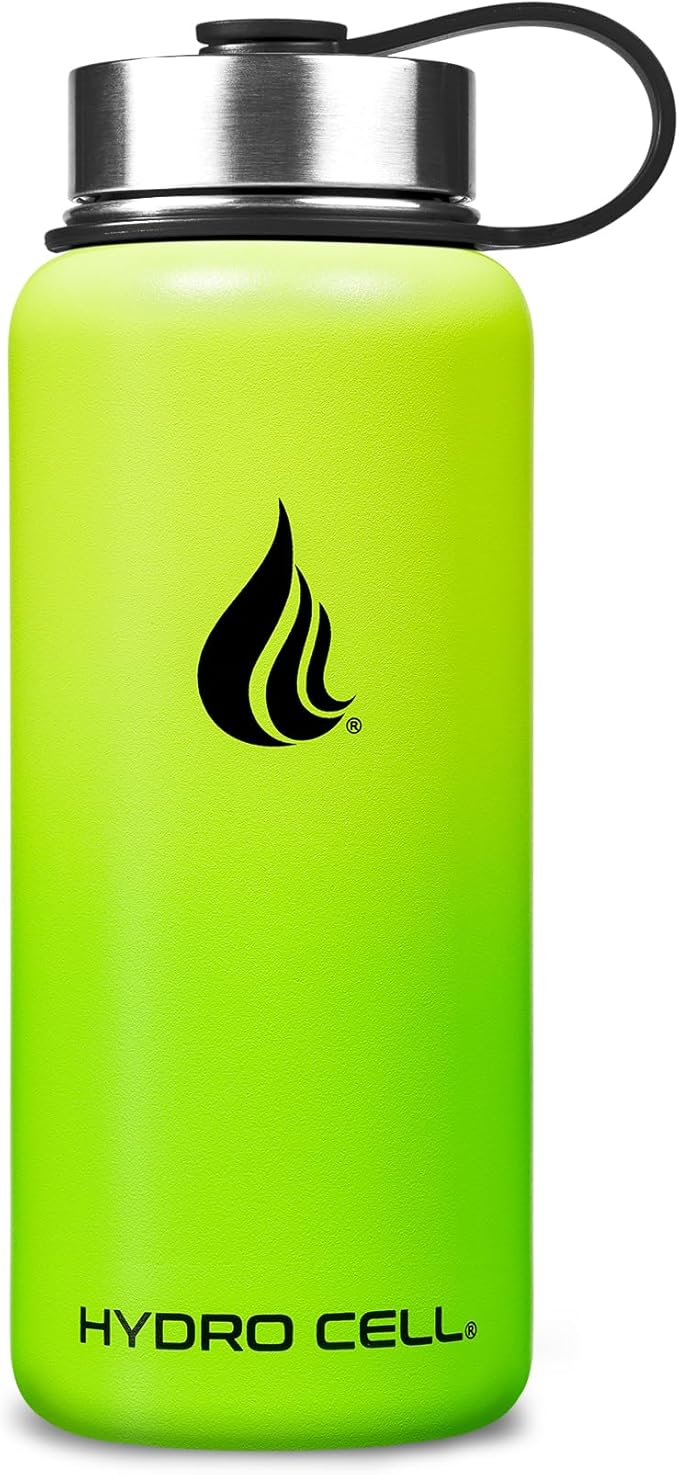 HYDRO CELL Stainless Steel Insulated Water Bottle with Straw - For Cold & Hot Drinks - Metal Vacuum Flask with Screw Cap and Modern Leakproof Sport Thermos for Adults (Neon 32oz)