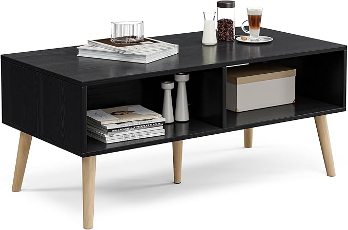 Wood Coffee Table with Storage, Boho Dining Table with Sliding Rattan Door Panel and Solid Wood Legs, Small Coffee Tables for Living Room, Black