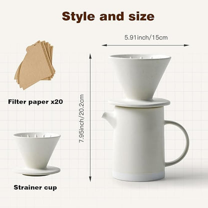 Pour Over Coffee Maker Set Vintage Ceramic Pour Over V60 Coffee Dripper Set with 20 Count Paper Coffee Filters,for Home Café Restaurant Camping,15.8 Ounces(White)