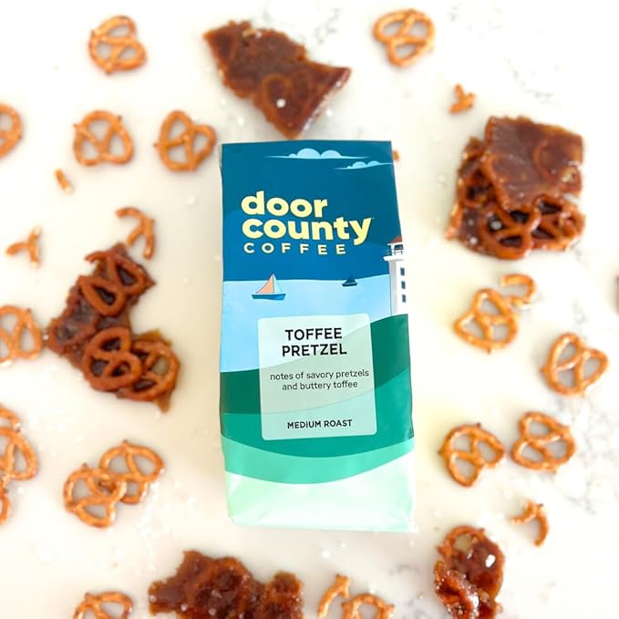 Door County Coffee Toffee Pretzel Flavored Whole Bean - 10 oz Bag - Medium Roast - 100% Specialty Arabica - Flavored Gourmet - Toffee Pretzel