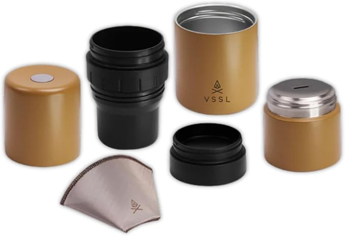 Nest Pour Over Coffee Kit | Coffee Maker for Camping | All-In-One Travel Pour Over | Transportable Dripper, Two 10oz Stainless Steel Travel Mugs | Compact Storage & Adventure Ready | Sahara