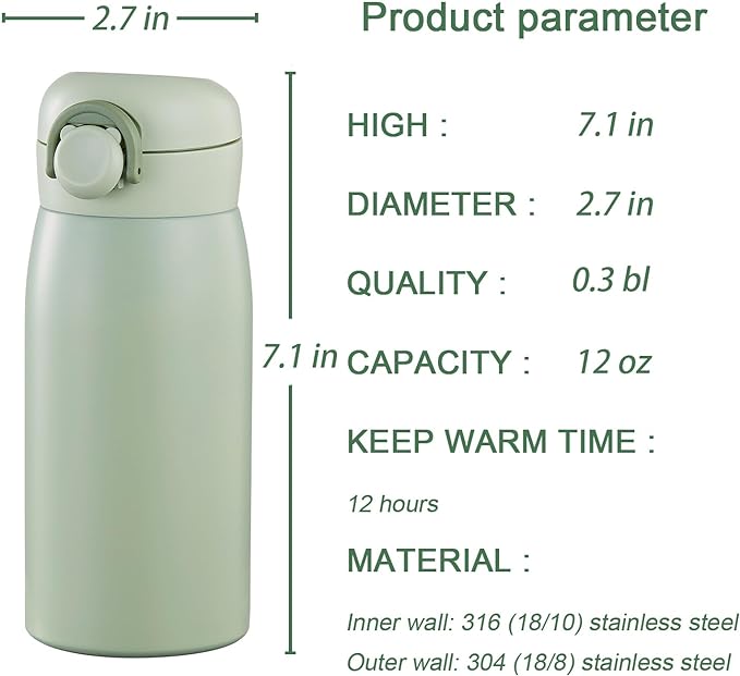 12 oz Mini Water Bottle Small Stainless Steel Thermoses - Insulated Vacuum, Leak Proof, Keeps Drinks Hot/Cold - Ideal for Coffee, beverage, Water - Green