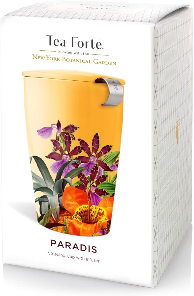 Tea Forte Paradis Double-Walled Ceramic Kati Cup with Removable Stainless Steel Infuser Basket and Lid, Steeps 12 oz Loose Leaf Tea, Lid and Cup Dishwasher & Microwave Safe