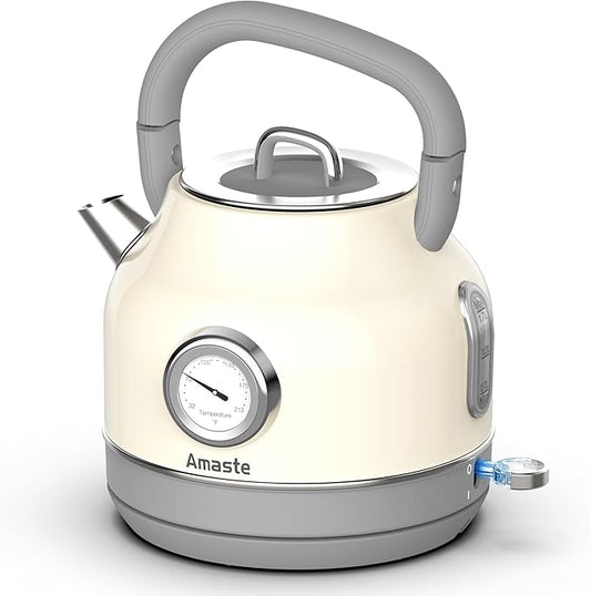 Amaste Electric Kettle, Retro Electric Tea Kettle With Thermometer, 57 Oz Hot Water Kettle For Coffee & Tea, 304 Stainless Steel, 1500w Fast Boiling, Auto Shut-Off & Boil Dry Protection, Cream White