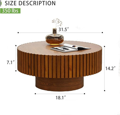 Handmade Round Grooved Drum-Shaped Coffee Table、Rustic Modern Circular Centerpiece for Living Room & Farmhouse Decor、Easy to Clean (D Wood 31in)