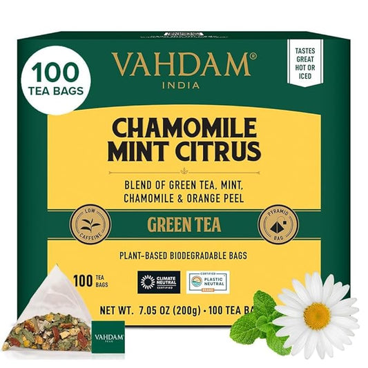VAHDAM, Chamomile Mint Citrus Green Tea Bags (100 Count) Low Caffeine, Non GMO, Gluten Free | Sweet & Floral | Resealable Ziplock Pouch | Chamomile Tea Bags