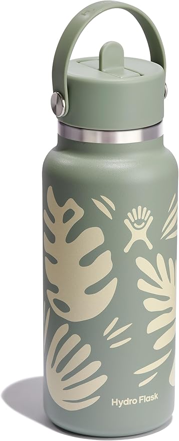 Hydro Flask Water Bottle - Insulated Stainless Steel - Wide Mouth Flex Straw Lid, Non Spill, Leakproof and Refillable in 32 Oz Botanical Bliss Agave
