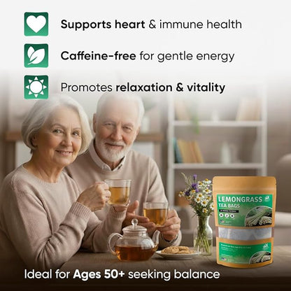 Lemongrass Tea Bags - 25 Bags (Premium Natural Pure Leaf Tea - 25 Count) Gluten-Free and Caffeine-Free Herbal tea for Relaxation, Wallness, Immune Support with Smooth Taste