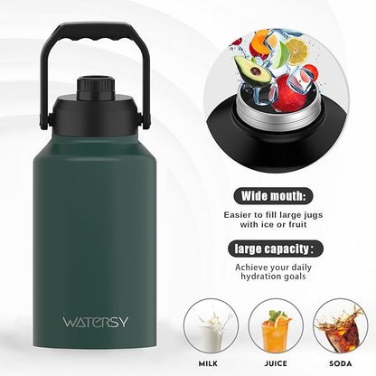 2/3 Gallon Water Bottle Insulated(Cold for 48 Hrs),BPA Free&Leak Proof,87oz Stainless Steel Water Jug/Flask,Big thermo,Large Water Bottle with Handle for Gym,Hiking,Camping,Dark Green