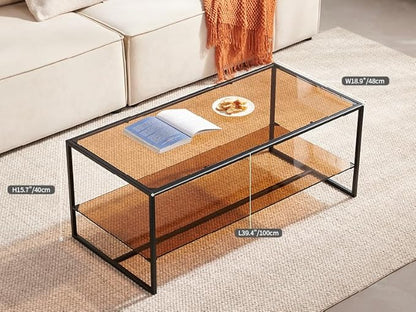 Shrine Brown Glass Coffee Table, Modern Design, Dual-Layer Coffee Table for Living Room, Black Metal Frame, Brown Glass Top