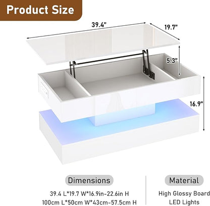 39.4" Large Lift Top Coffee Table,Modern High Glossy LED Coffee Tables for Living Room with Storage,Black Living Room Tables for Living Rooms,Dining Room,Bedroom Home Office,APP LED Lights（White）