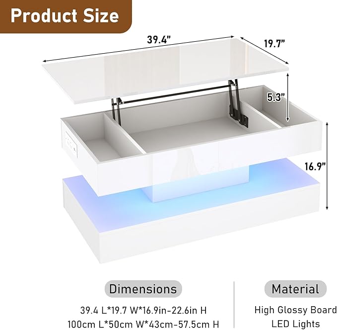 39.4" Large Lift Top Coffee Table,Modern High Glossy LED Coffee Tables for Living Room with Storage,Black Living Room Tables for Living Rooms,Dining Room,Bedroom Home Office,APP LED Lights（White）