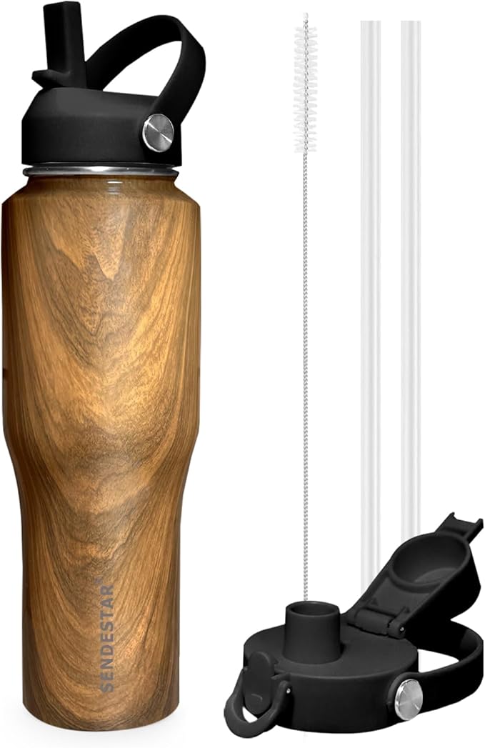 SENDESTAR 40oz Stainless Steel Water Bottle(Cold for 48 Hrs, Hot for 24 Hrs),Double Wall Vacuum Insulated Bottle with Straw Lid, Spout Lid and Flex Cap, Fit in Any Car Cup Holder TXIN-40-Wood