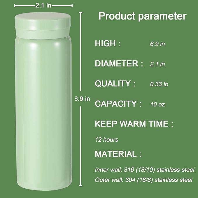 10oz Mini Water Bottle Stainless Steel Thermos Small Flask - Insulated Vacuum, Leak Proof, Keeps Drinks Hot/Cold - Ideal for Coffee, Tea, Water - Light green
