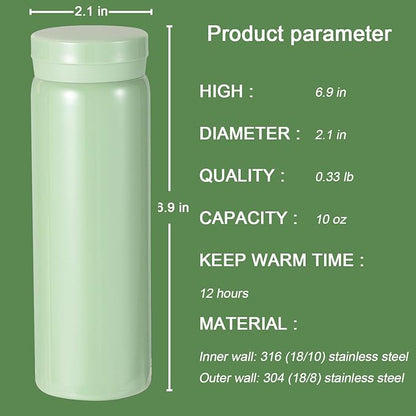 10oz Mini Water Bottle Stainless Steel Thermos Small Flask - Insulated Vacuum, Leak Proof, Keeps Drinks Hot/Cold - Ideal for Coffee, Tea, Water - Light green