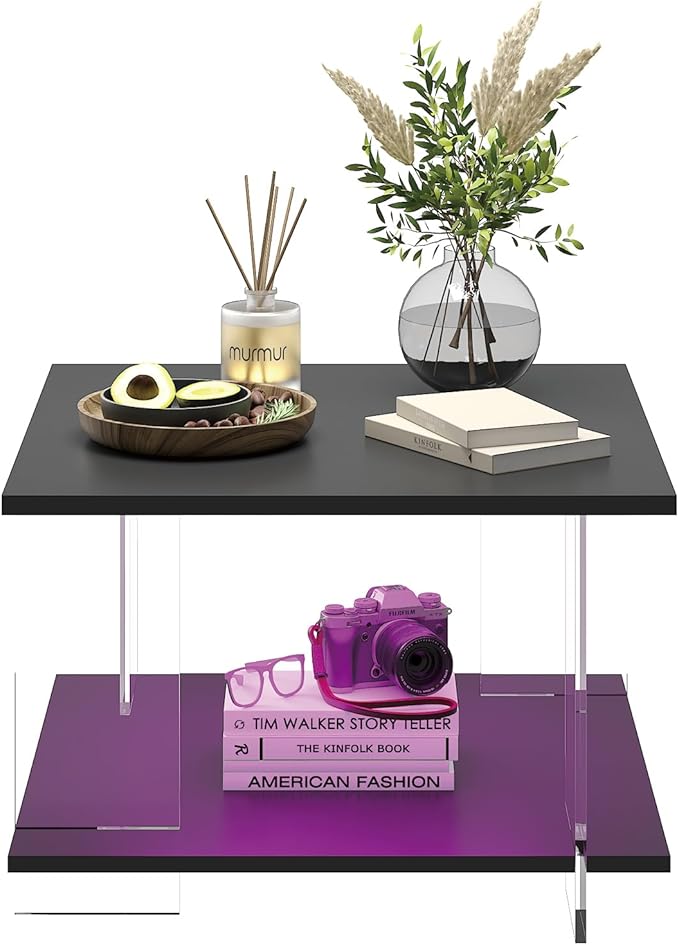 24" Acrylic Coffee Table with Black Wood Tabletop, Minimalist Stylish Modern Square Center Table for Living Room,Led Living Room Table with Storage Shelf & Acrylic Frame for Small Space