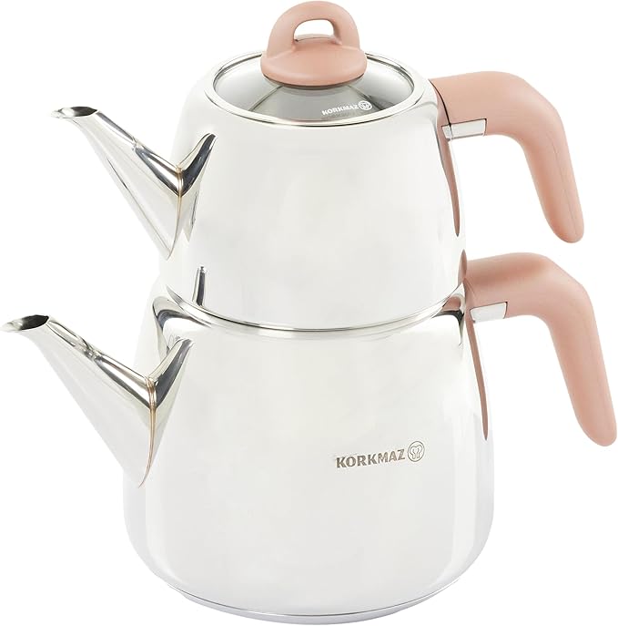 Korkmaz Bella Nora Retro Stainless Steel Tea Pot Set, Tea Kettle for Stove Top, Induction Compatible Capsulated Base (Rose Gold)