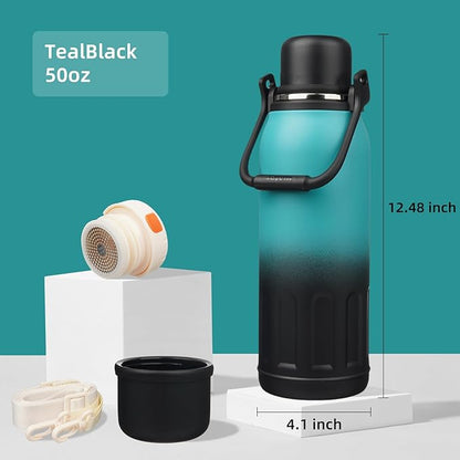 Insulated Water Bottle with Handle and Strap,Vacuum Travel Tumbler with Cup Lid,Thermo Coffee Cup for Hot Cold Drinks 50 OZ,TealBlack