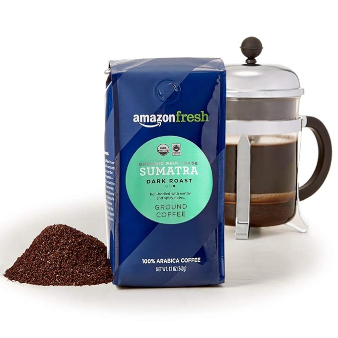 Amazon Fresh Organic Fair Trade Sumatra Ground Coffee, Dark Roast, 12 Ounce