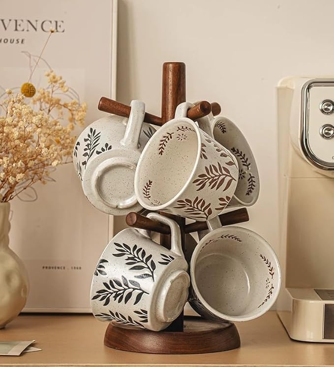 Ceramic Mug 1pcs, 11oz - Vintage Coffee Mug, Pottery Cups for Milk, Latte, Cappuccino, Tea - Porcelain Dishwasher, Microwave Safe Stoneware 1 PCS Olive Black Leave Set of 1