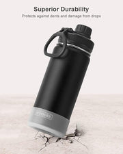 koodee 16 oz Water Bottle Stainless Steel Double Wall Vacuum Insulated Water Bottle for School Wide Mouth Sports Bottle with Leakproof Spout Lid (Black)