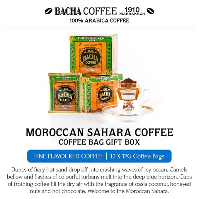 Bacha Coffee | Moroccan Sahara Fine Flavoured, 100% Arabica Specialty Coffee Beans, Medium Roast, x12 Individually Wrapped Single Serve Filter Bags