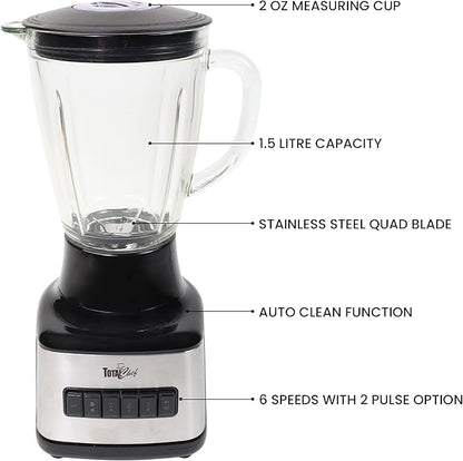 Total Chef Countertop Blender – Electric Mixer for Smoothies, Ice Crush & Pulse Function, Heavy Duty Glass Pitcher licuadora With 6 Speed, Kitchen Appliance, Dishwasher-Safe Jar, Black