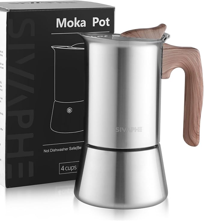 Sivaphe4 cups Stainless Steel Stovetop Espresso Coffee Maker | Induction Support 10 oz Intalian Moka Pot | Durable Cuban Coffee Maker 200ml(1 Cup=50ml)