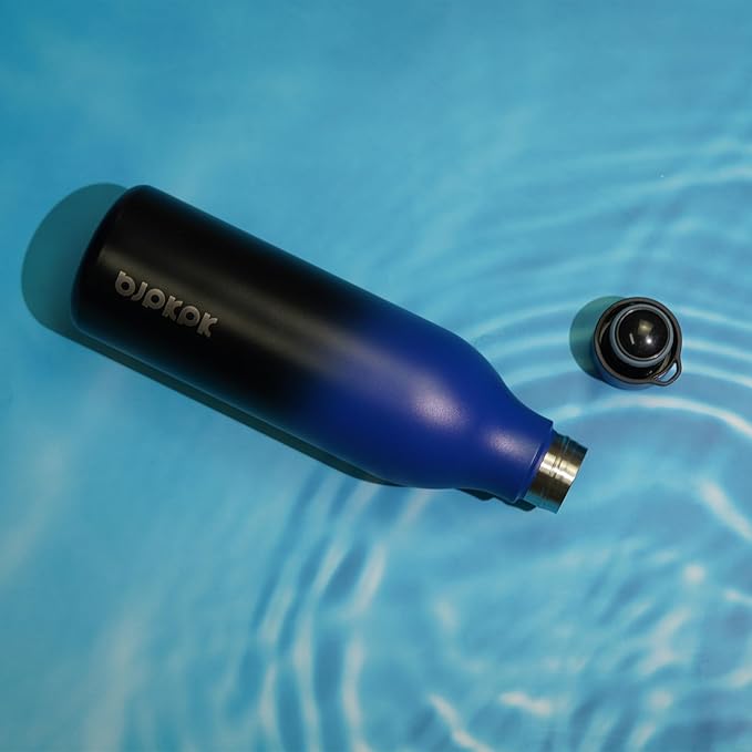 BJPKPK Insulated Water Bottles, 25 oz Stainless Steel Metal Water Bottle with Strap, BPA Free Leak Proof Jugs, Mugs, Flasks, Reusable Thermal Flasks for Sports & Travel, Blue Black