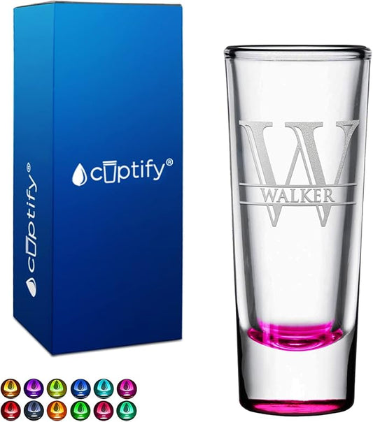 Personalized Shot Glass Pink Bottom Custom 2 oz Cordial Shot Glasses Split Script Initial and Name for Gifts, Weddings, Birthdays, Party, Event, Decorations