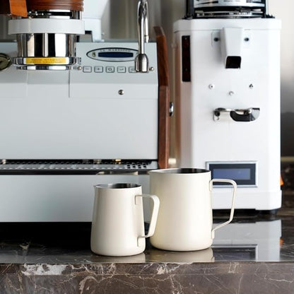 watchget Stainless Steel Milk Frothing Pitcher 12oz/350ml - Espresso Steaming Pitcher for Cappuccino, Latte Art, Coffee Machine Accessories Milk Jug Coffee Frother Cup, Creamy White