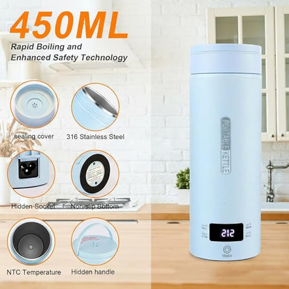 Travel Kettle,Portable Electric Kettle with Temperature Control, Brews Two Cups of Coffee, 316 Stainless Steel Inner Tank, Elegant Blue