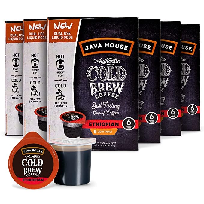 JAVA HOUSE Light Roast Ethiopian Cold Brew Pods, (36 Count) Peel and Pour Pods Hot or Iced Instant Coffee Concentrate