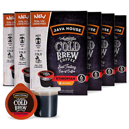 JAVA HOUSE Light Roast Ethiopian Cold Brew Pods, (36 Count) Peel and Pour Pods Hot or Iced Instant Coffee Concentrate