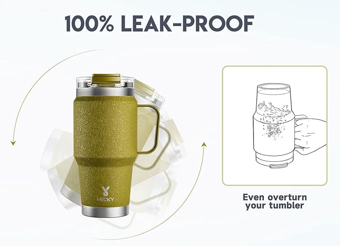 Meoky 24oz Travel Mug, Triple Insulated Stainless Steel Tumbler with Handle and 2-in-1 Straw and Sip Lid, 100% Leak Proof, Keeps Cold for 24 Hours or Hot for 8 Hours, Cupholder Friendly (Forest)