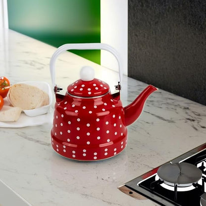 DOITOOL Vintage Tea Kettle 1.1 L Enamel Tea Kettle with Handle, Stove Top Water Kettle Coffee Tea and White Polka Dot with Stainless Steel Filter for Home Kitchen