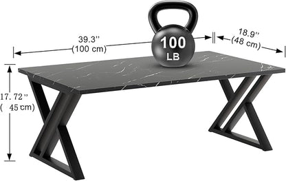 Coffee Table Living Room Table Black Center Table, Simple Modern Faux Marble Rectangular Tea Table with Sturdy Black-Finished Metal Frame,Industrial Wooden Coffee Table for Bedroom Home Office