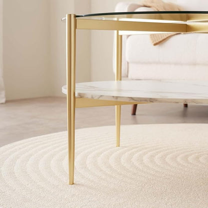 Round Coffee Table for Living Room, Mid-Century Modern Design, D30 x H17, 2-Tier Structure, Clear Glass Top and White Marble Finish Wood Shelf, Sleek Conical Metal Legs with Gold Finish Frame