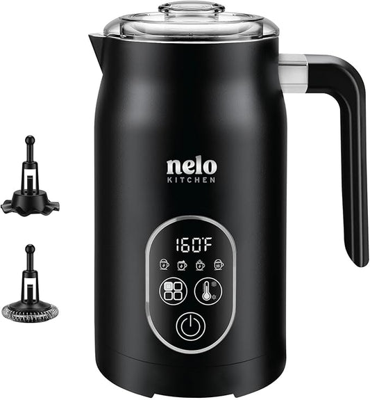NELO Electric Milk Frother, 4 In 1 Digital Milk Frother and Steamer with Real-Time Temperature Control, Automatic Frother for Coffee, Latte, Hot Chocolate, Cappuccinos, BPA Free Stainless Steel, Black