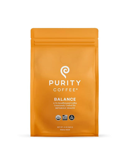 Purity Coffee BALANCE 2/3 Decaf Medium Roast Whole Bean Coffee (12oz Bag) - Specialty-Grade Mountain Water Processed Decaf + Regular Arabica Blend- USDA Certified Organic Decaffeinated - Third Party Tested for Mold, Mycotoxins, Pesticide Residue