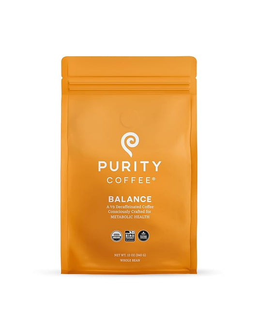 Purity Coffee BALANCE 2/3 Decaf Medium Roast Whole Bean Coffee (12oz Bag) - Specialty-Grade Mountain Water Processed Decaf + Regular Arabica Blend- USDA Certified Organic Decaffeinated - Third Party Tested for Mold, Mycotoxins, Pesticide Residue