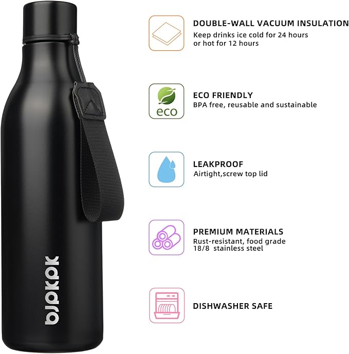 BJPKPK Insulated Water Bottles, 25 oz Stainless Steel Metal Water Bottle with Strap, BPA Free Leak Proof Jugs, Mugs, Flasks, Reusable Thermal Flasks for Sports & Travel, Black