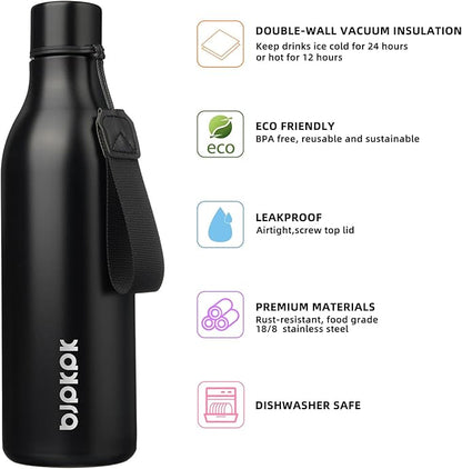 BJPKPK Insulated Water Bottles, 25 oz Stainless Steel Metal Water Bottle with Strap, BPA Free Leak Proof Jugs, Mugs, Flasks, Reusable Thermal Flasks for Sports & Travel, Black