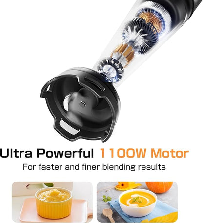Immersion Blender Handheld 1100W - 3 in 1 Hand Blenders Set with Trigger Speed Control Stainless Steel Emulsion Stick with Whisk and Milk Frother, Emulsifier for Kitchen for Soup, Smoothie, Puree