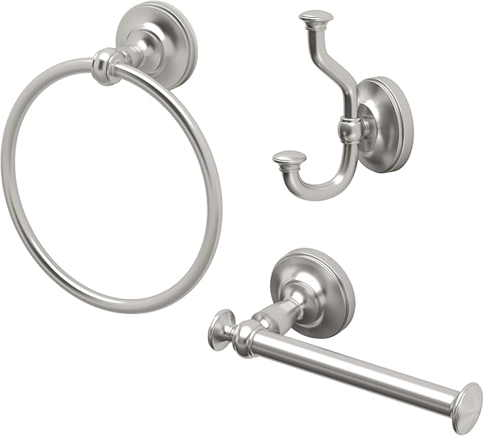 Tavern 3-Piece Kit, Satin Nickel, Toilet Paper Holder, Towel Ring, Robe Hook