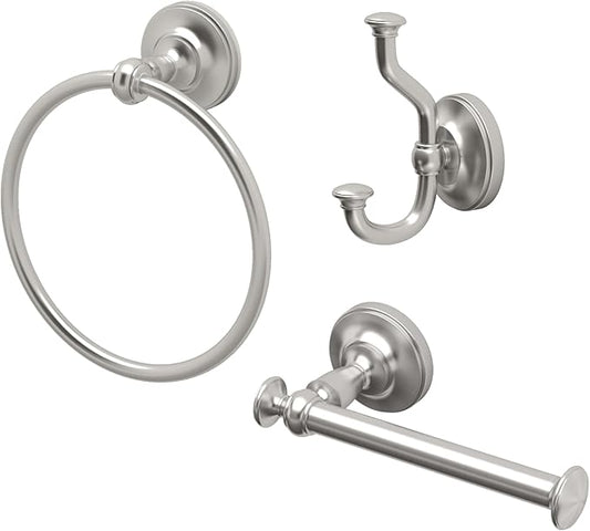 Tavern 3-Piece Kit, Satin Nickel, Toilet Paper Holder, Towel Ring, Robe Hook