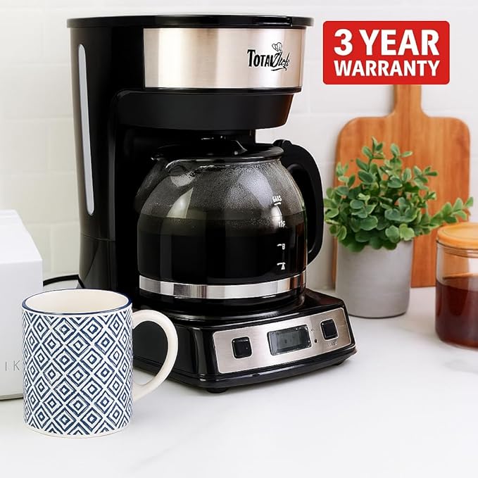 Total Chef Drip Coffee Maker – 12 Cup Programmable Cafe Machine With Glass Pot, Regular & Bold Brew, Autoshut Off Large Water Reservoir, Reusable Filter, Kitchen Appliances For Cafeteria Barista